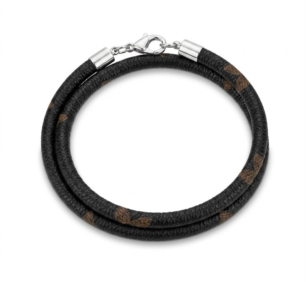 LV-Inspired Premium Leather Double Wrap Bracelet (Black/Brown)